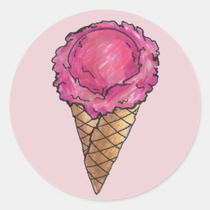 Pegatina Redonda Crema De Hielo De Fresa Rosa Waffle Cone Scoop Foo