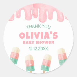 Pegatina Redonda Crema de hielo rosa Melt Baby Shower Gracias