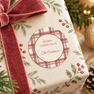 Pegatina Redonda Crema de Marfil Rojo Vintage Tartán Cuadros Navida