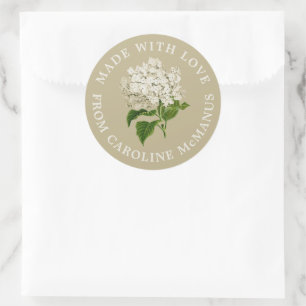 Pegatina Redonda Crema e hidrangea verde hecha con amor