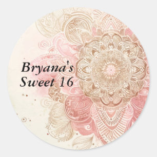 Pegatina Redonda Crema marrón rosa Mandala Bohemian cumpleaños