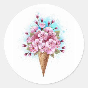 Pegatina Redonda Crema rosa de hielo Sakura Waffle Cone