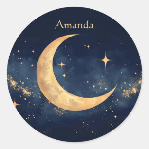 Pegatina Redonda Crescent Moon and Stars Night Sky personalizado