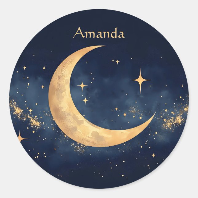 Pegatina Redonda Crescent Moon and Stars Night Sky personalizado (Anverso)