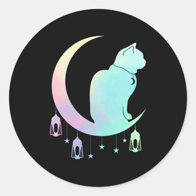 Pegatina Redonda Crescent Moon Pastel Cat Mystical Wicca Gótico (Anverso)