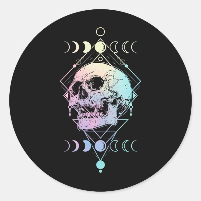 Pegatina Redonda Crescent Moon Skull Occult Witchcraft Pastel Gótic (Anverso)