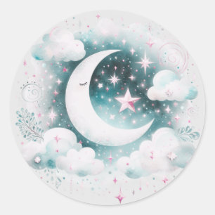 Pegatina Redonda Crescente Lunar Celeste Azul y Blanco Boho Moderno