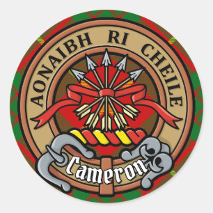 Pegatina Redonda Crest del Clan Cameron sobre tartán