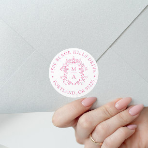 Pegatina Redonda Crest Elegante de Rosa para Tarjeta de Dirección d