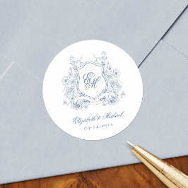 Pegatina Redonda Crest Floral Azul Monograma Elegante Boda