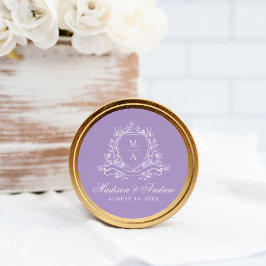 Pegatina Redonda Crest Floral Elegante Monograma Bodas Lavanda