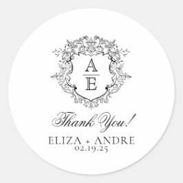 Pegatina Redonda Crest Floral Formal Monograma Boda
