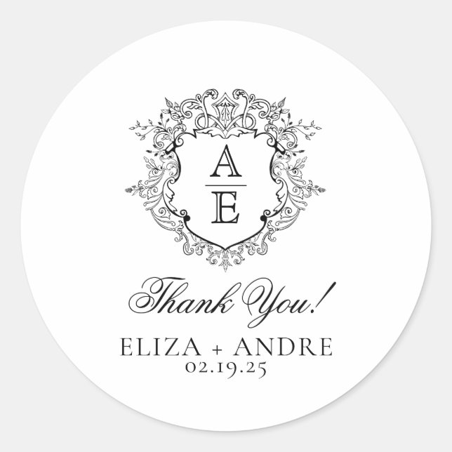 Pegatina Redonda Crest Floral Formal Monograma Boda  (Anverso)