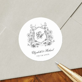 Pegatina Redonda Crest Floral Monograma Boda Elegante