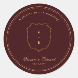 Pegatina Redonda Crest Monogram Burgundy & Gold Wedding Welcome