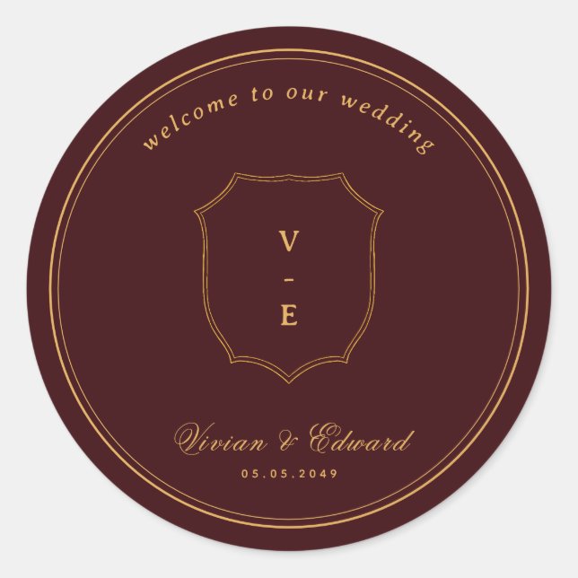 Pegatina Redonda Crest Monogram Burgundy & Gold Wedding Welcome (Anverso)