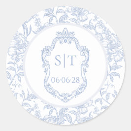 Pegatina Redonda Crest Monogram Dusty Blue Floral Wedding