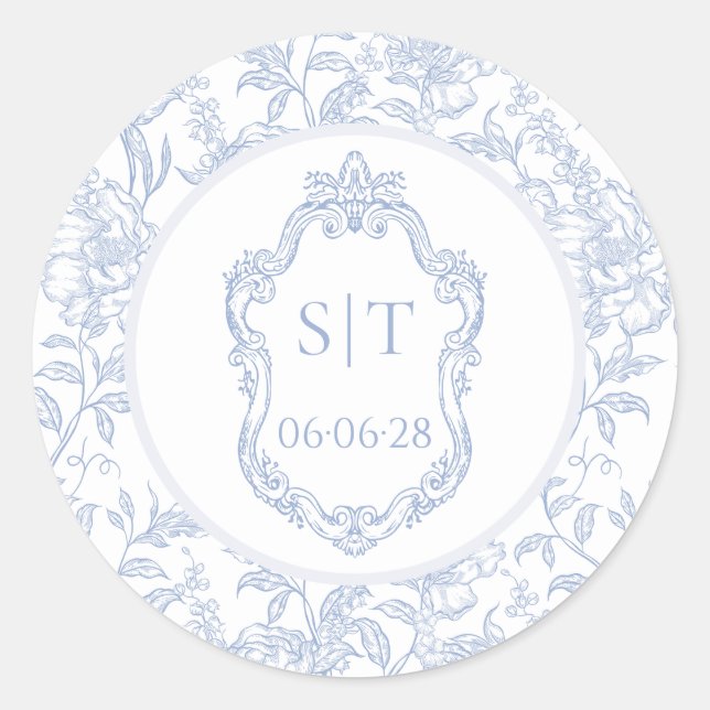 Pegatina Redonda Crest Monogram Dusty Blue Floral Wedding (Anverso)