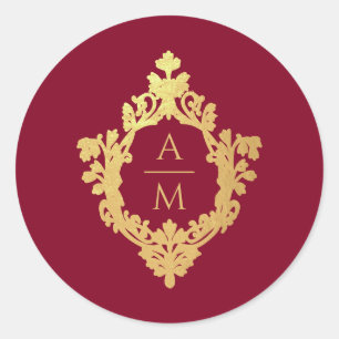 Pegatina Redonda Crest Monograma Burgundy Falso Oro Bodas Vintage 