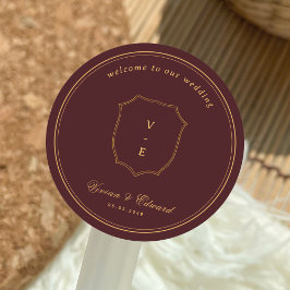 Pegatina Redonda Crest Monograma Burgundy & Gold Boda Bienvenida