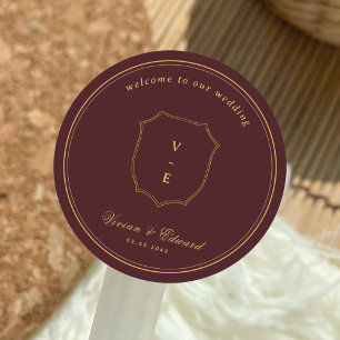 Pegatina Redonda Crest Monograma Burgundy & Gold Boda Bienvenida