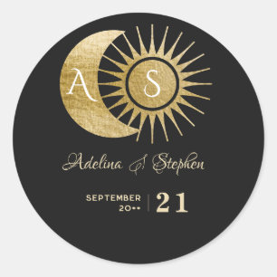 Pegatina Redonda Crest Monograma de Sol Luna Chic Celestial Negro O