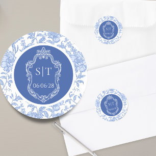 Pegatina Redonda Crest Monograma Delft Azul Floral Boda