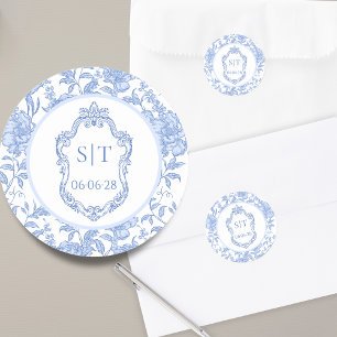 Pegatina Redonda Crest Monograma Delft Azul Floral Boda