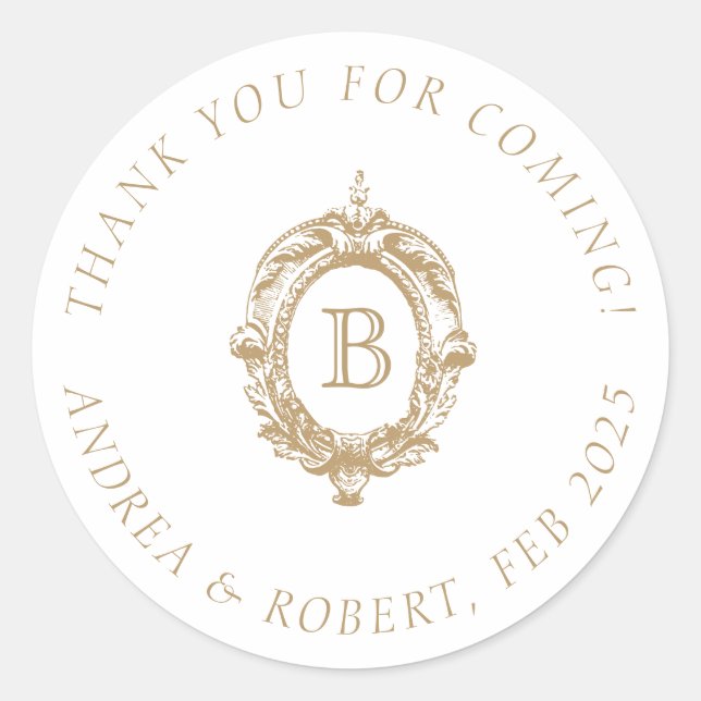 Pegatina Redonda Crest Monograma Dorado Antiguo para Boda (Anverso)