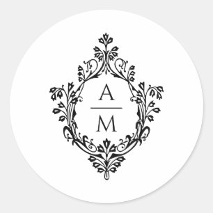 Pegatina Redonda Crest Monograma Elegante Boda en Negro y Blanco