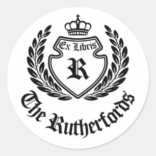 Pegatina Redonda Crest Vintage Monograma Corona de Laurel Ex Libris