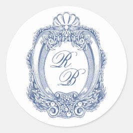 Pegatina Redonda Cresta barroca en azul francés iniciales bodas ant