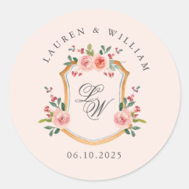 Pegatina Redonda Cresta con monograma boda rosa