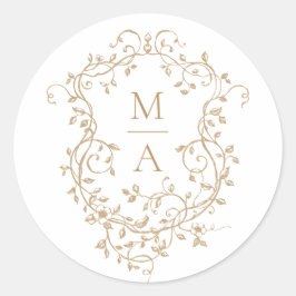Pegatina Redonda Cresta Floral Clásica Dorada Monogramas