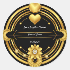 Pegatina Redonda 🌟 Cresta Romántica de Boda en Oro Negro 💛