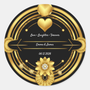 Pegatina Redonda 🌟 Cresta Romántica de Boda en Oro Negro 💛