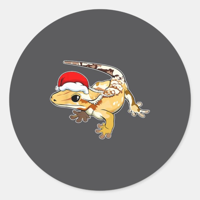 Pegatina Redonda Crested Gecko Santa Hat Christmas Pajama Lizard Re (Anverso)
