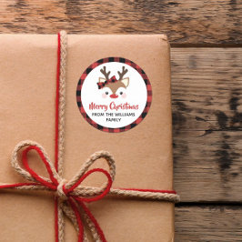 Pegatina Redonda Cría de reno crudo rojo Feliz Navidad