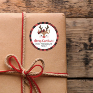 Pegatina Redonda Cría de reno crudo rojo Feliz Navidad