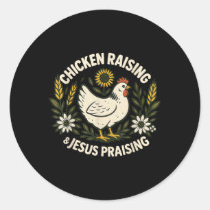 Pegatina Redonda Crianza de pollo Jesús alabando a graciosa granja
