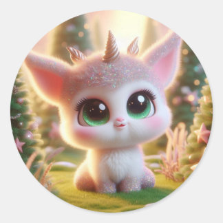 Pegatina Redonda Criatura Cuta Con Tres Cuernos