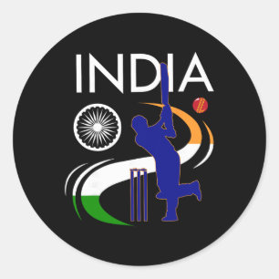 Pegatina Redonda Cricket India con trazo de pincel de la bandera in