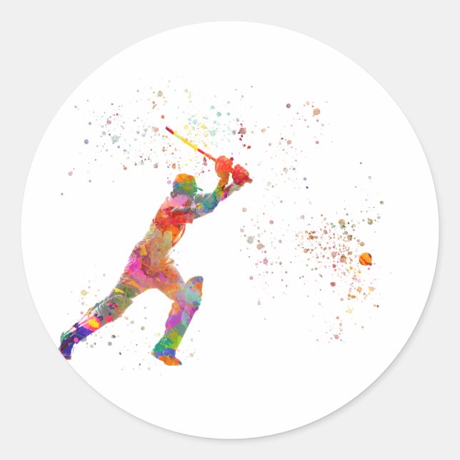 Pegatina Redonda Cricket player in watercolor (Anverso)