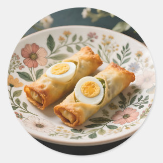 Pegatina Redonda Crispy Egg Rolls on Floral Plate
