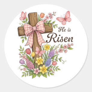 Pegatina Redonda Cristian- Él ha Resucitado Cruz Floral Religiosa 