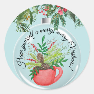 Pegatina Redonda Cristina de color de agua verde en un Cu rojo[