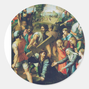 Pegatina Redonda Cristo cayendo de camino al Calvario