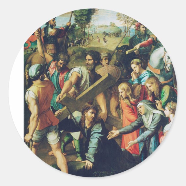 Pegatina Redonda Cristo cayendo en el camino al calvario (Anverso)