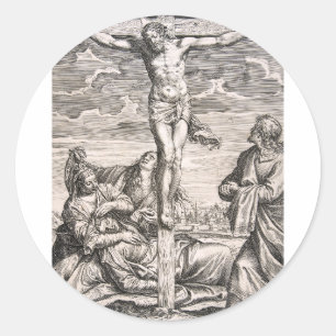 Pegatina Redonda Cristo en la cruz por Agostino Carracci