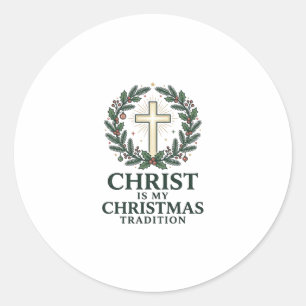 Pegatina Redonda Cristo es mi tradición de Navidad Diseño de cruz v